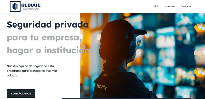 Inicio del sitio de Bloque Seguridad Privada en computadora: guardia frente a monitores con el titular Seguridad privada para tu empresa, hogar o institución