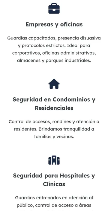 Sección de servicios de Bloque Seguridad Privada vista en un celular